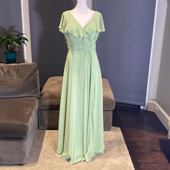 Women’s Full Length Green Chiffon Ruffle Dress Corset Back Leg Slit Size 12 - Picture 1 of 9